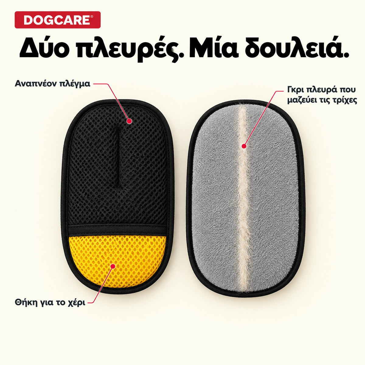 Δύο πλευρές του mini γαντιού DogCare: αναπνέον πλέγμα, θήκη για το χέρι και γκρι πλευρά που μαζεύει τις τρίχες