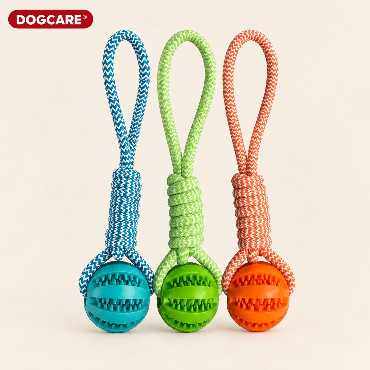 Παιχνίδι σκύλου σχοινί με μπάλα λιχουδιάς DogCare σε μπλε, πράσινο και πορτοκαλί