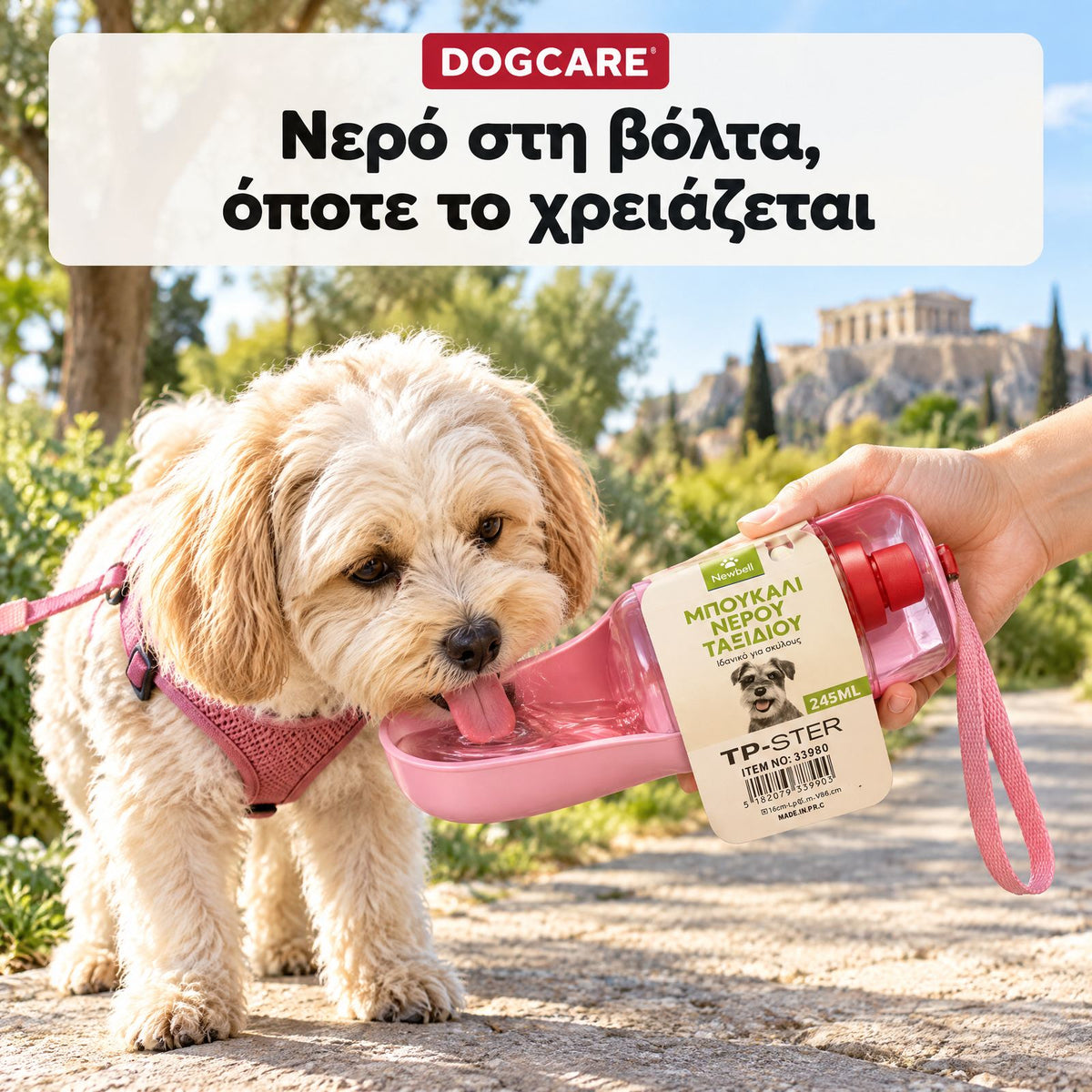 Σκύλος πίνει νερό στη βόλτα από το ροζ παγούρι Nunbell