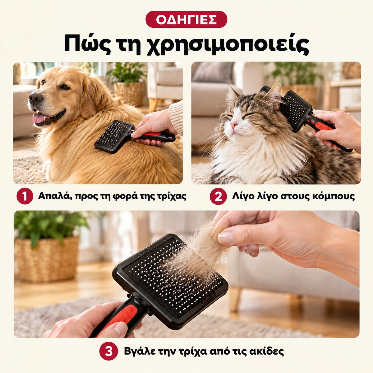 Πώς χρησιμοποιείται η βούρτσα slicker DogCare σε 3 βήματα για σκύλους και γάτες