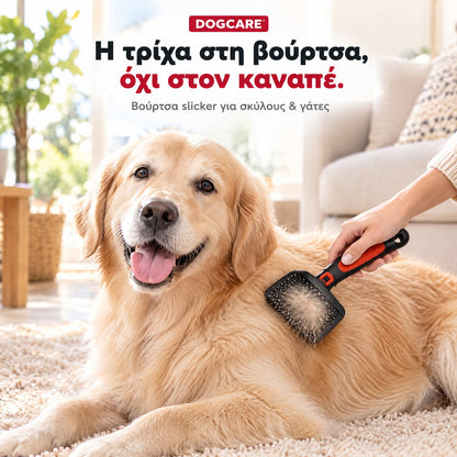 Βούρτσισμα σκύλου με τη βούρτσα slicker DogCare, η νεκρή τρίχα μένει στη βούρτσα