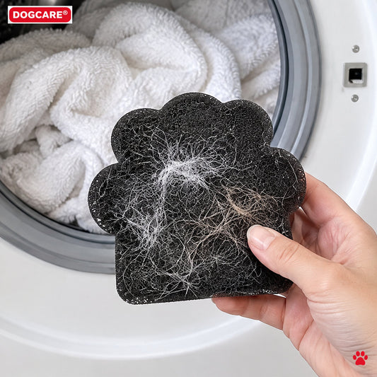 DogCare® Συλλέκτης Τριχών Πλυντηρίου σε σχήμα πατούσας, στο χέρι μπροστά από ανοιχτό πλυντήριο, με τρίχες που μάζεψε από το πλύσιμο