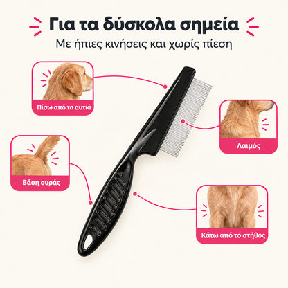 Σημεία χρήσης χτένας ψύλλων: πίσω από αυτιά, λαιμός, βάση ουράς και στήθος