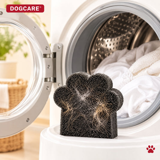DogCare® Συλλέκτης Τριχών Πλυντηρίου σε σχήμα πατούσας, με τρίχες σκύλου και γάτας, μπροστά σε ανοιχτό πλυντήριο