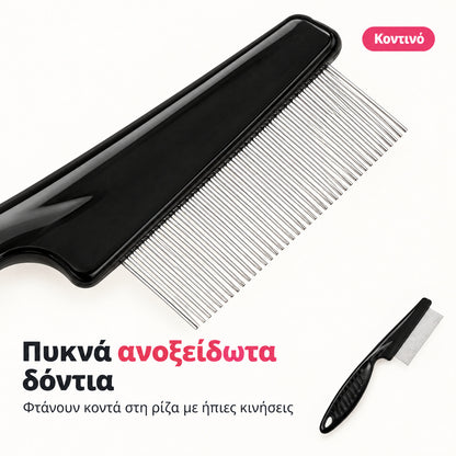Κοντινό στα πυκνά ανοξείδωτα δόντια της χτένας ψύλλων DogCare