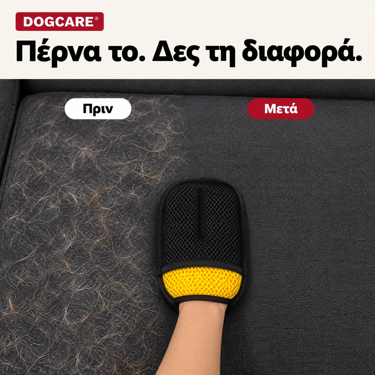 Πριν και μετά: τρίχες σε καναπέ και καθαρό ύφασμα μετά το mini γάντι DogCare