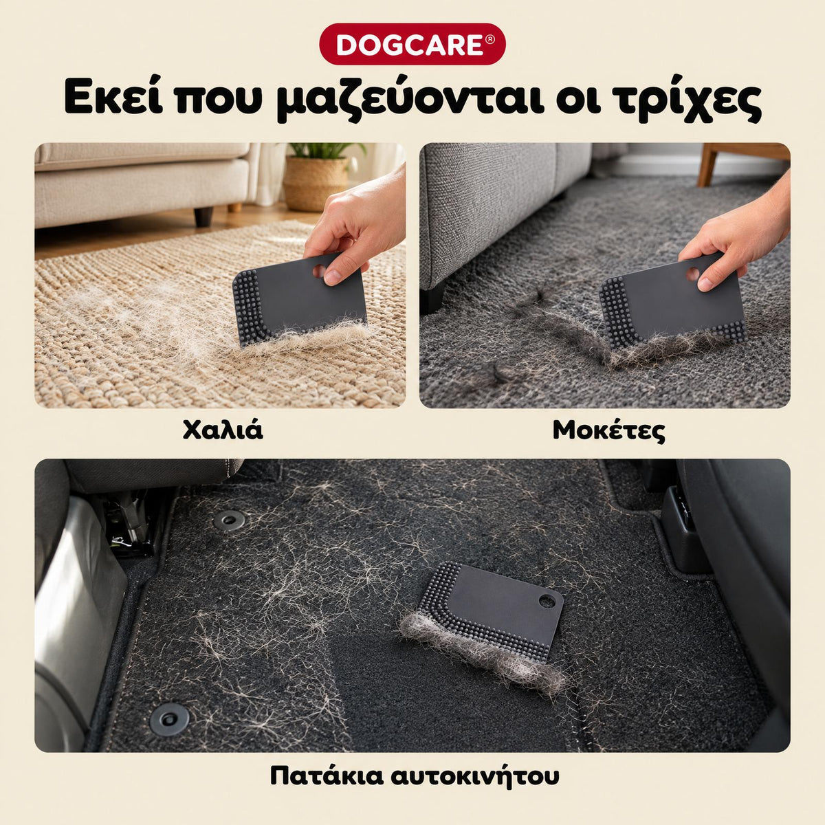 Χρήσεις της βούρτσας DogCare σε χαλιά, μοκέτες και πατάκια αυτοκινήτου